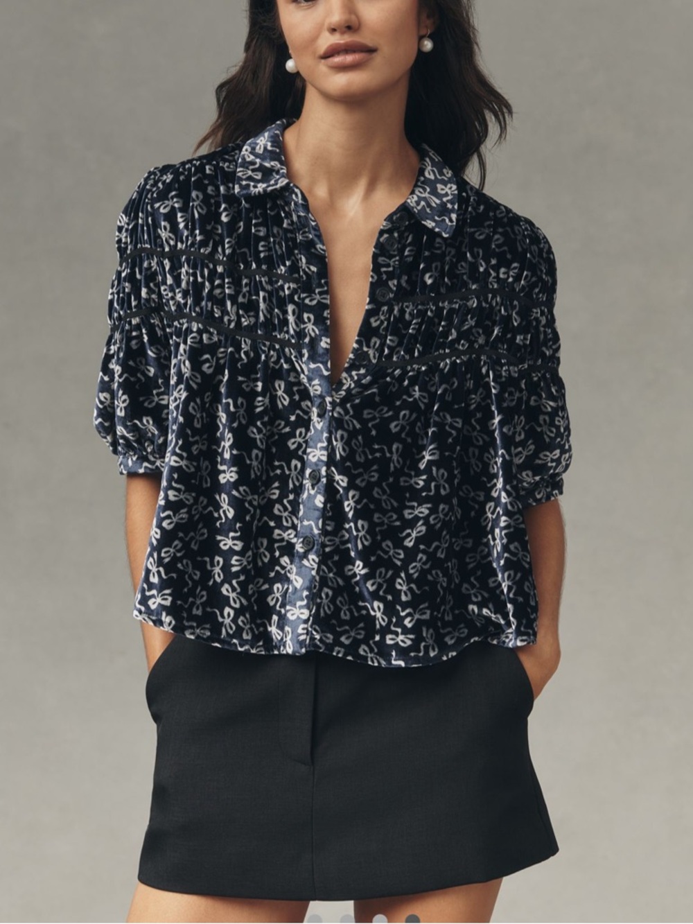 Anthropologie Maeve the Leandra Velvet Shirred Yoke Blouse Navy Bow Pattern Sz M